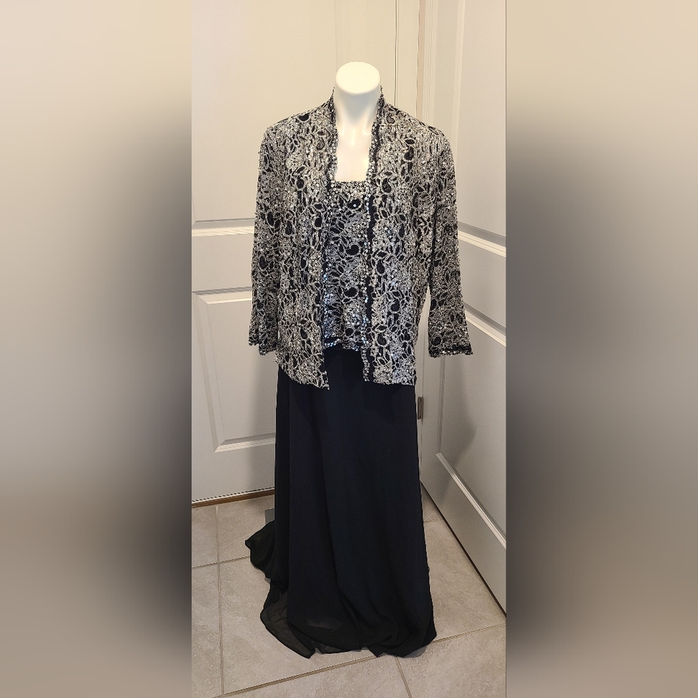 Emma Street Women's Two Piece Lace Jacket Dress, Black/Silver